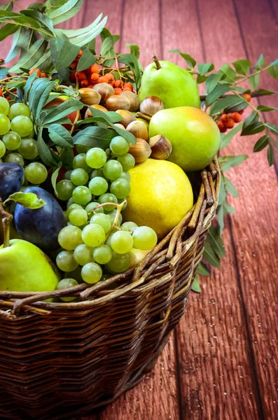 Group of healthy autumnal colorful fruits  in wooden basket — Stock Photo, Image