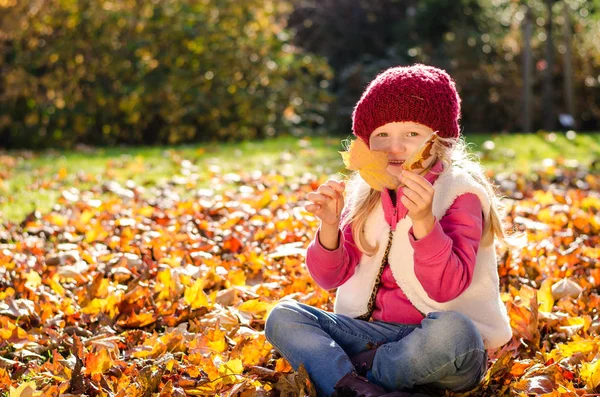 Mignon enfant jouer avec tombé feuilles colorées — Photo