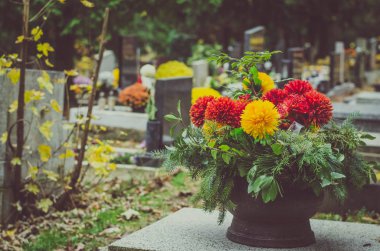 sonbahar mezarlığında All Saints Day sırasında mezarlarda çiçekler
