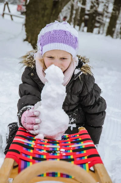 Happy winter time with lot of snow and little snowman — Stock Photo, Image