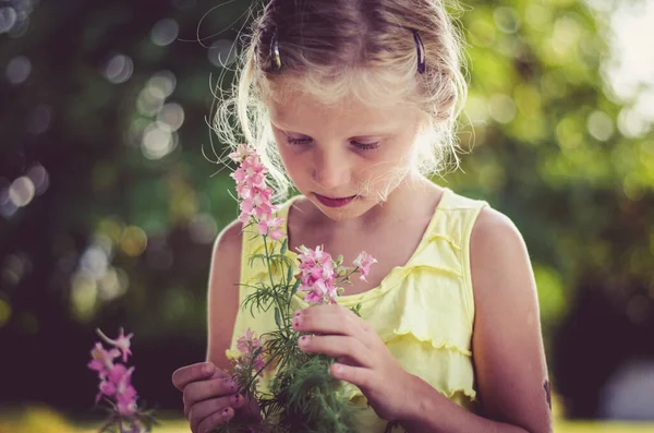 Romántico Niño Con Flores Color Rosa Retrato —  Fotos de Stock