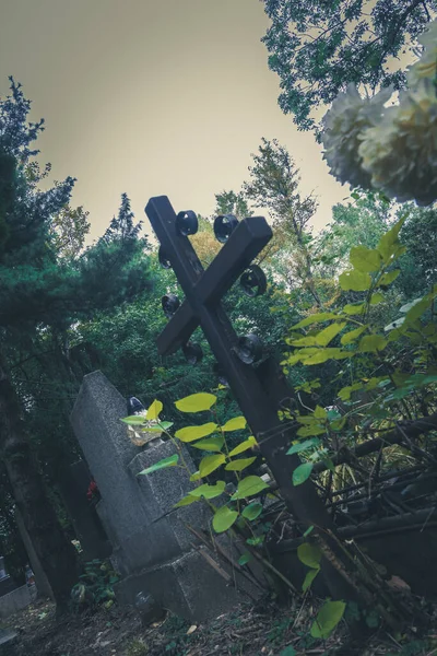 Paz Silencio Cementerio Durante Las Vacaciones Cristianas Colorida Temporada Otoñal —  Fotos de Stock