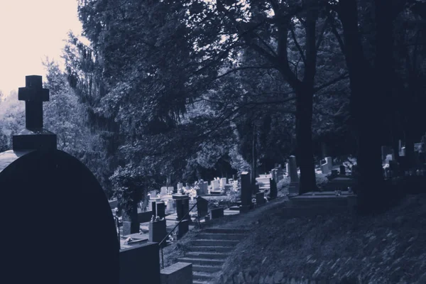 Triste Estranho Cemitério Durante Férias Cristianas Temporada Outonal Monocromático — Fotografia de Stock