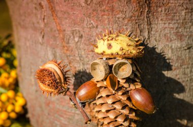 Çam kozalağı, meşe palamudu, yapraklar ve çiçeklerin canlı sonbahar renklerinden sevimli bir figür.
