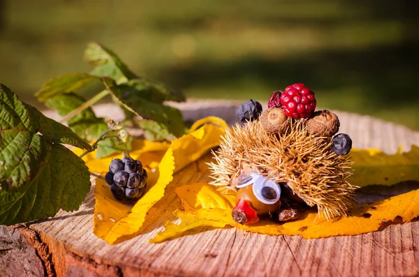 Kestane, meşe palamudu, yapraklar ve çiçeklerin canlı sonbahar renklerinden tatlı kirpi figürü.