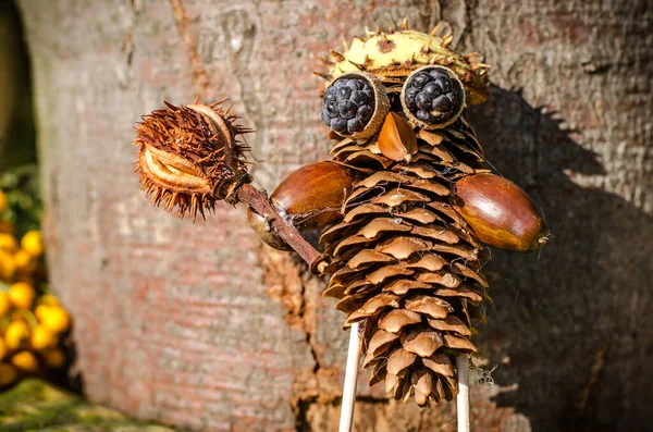 Çam kozalağı, meşe palamudu, yapraklar ve çiçeklerin canlı sonbahar renklerinden sevimli bir figür.