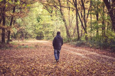 Sonbahar ormanlarında yürüyen üzgün bir adamla nostaljik bir sonbahar günü.