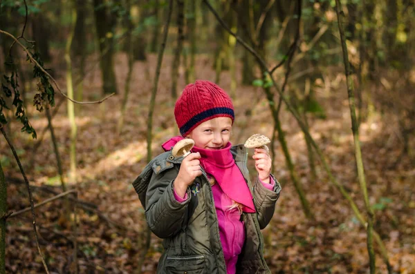 Adorable Smiling Cure Girl Red Cap Picking Mushrooms Autumnal Forest — Stock Photo, Image