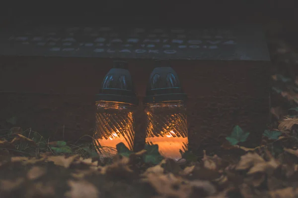 Burning Candles Colorful Flowers Festive Decorations Graves Graveyard — Stock Photo, Image