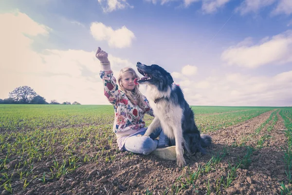 Дружба Дівчини Собаки Красивому Сільському Пейзажі Чарівний Час — стокове фото