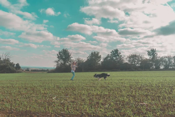 Девочка Дрессирует Собаку Ветреную Погоду Пасмурный День Осенью — стоковое фото