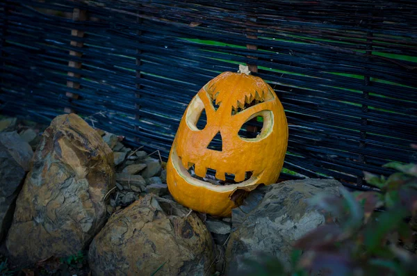 Geschnitzter Gruseliger Halloween Kürbis Auf Schwarzem Hintergrund — Stockfoto