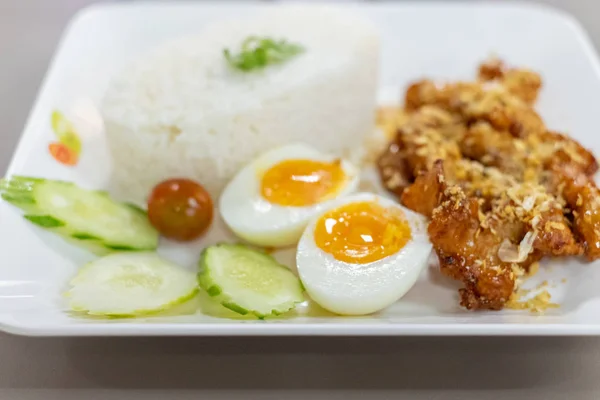 Smażony kurczak z czosnkiem papryka i gotowane jajko na ryż — Zdjęcie stockowe