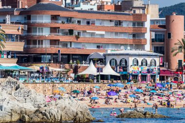 Spain, Catalonia, July 2018. Travel by boat Costa Brava: Calella, Pineda, Santa Susanna. Malgrat de Mar, Blanes, Santa Cristina, Lloret de Mar, Tossa.