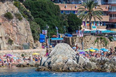 Spain, Catalonia, July 2018. Travel by boat Costa Brava: Calella, Pineda, Santa Susanna. Malgrat de Mar, Blanes, Santa Cristina, Lloret de Mar, Tossa.