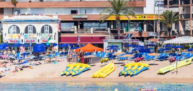 Spain, Catalonia, July 2018. Travel by boat Costa Brava: Calella, Pineda, Santa Susanna. Malgrat de Mar, Blanes, Santa Cristina, Lloret de Mar, Tossa.