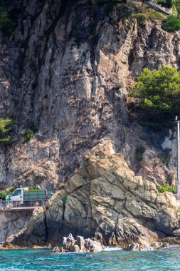 Spain, Catalonia, July 2018. Travel by boat Costa Brava: Calella, Pineda, Santa Susanna. Malgrat de Mar, Blanes, Santa Cristina, Lloret de Mar, Tossa.