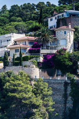 Spain, Catalonia, July 2018. Travel by boat Costa Brava: Calella, Pineda, Santa Susanna. Malgrat de Mar, Blanes, Santa Cristina, Lloret de Mar, Tossa.