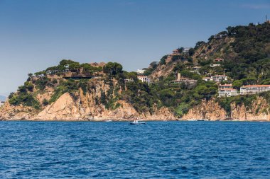Spain, Catalonia, July 2018. Travel by boat Costa Brava: Calella, Pineda, Santa Susanna. Malgrat de Mar, Blanes, Santa Cristina, Lloret de Mar, Tossa.