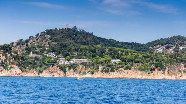 Spain, Catalonia, July 2018. Travel by boat Costa Brava: Calella, Pineda, Santa Susanna. Malgrat de Mar, Blanes, Santa Cristina, Lloret de Mar, Tossa.