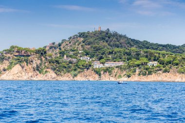 Spain, Catalonia, July 2018. Travel by boat Costa Brava: Calella, Pineda, Santa Susanna. Malgrat de Mar, Blanes, Santa Cristina, Lloret de Mar, Tossa.