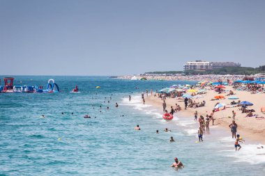 Spain, Catalonia, July 2018. Travel by boat Costa Brava: Calella, Pineda, Santa Susanna. Malgrat de Mar, Blanes, Santa Cristina, Lloret de Mar, Tossa.