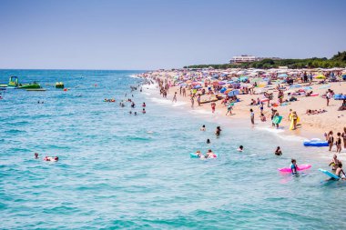 Spain, Catalonia, July 2018. Travel by boat Costa Brava: Calella, Pineda, Santa Susanna. Malgrat de Mar, Blanes, Santa Cristina, Lloret de Mar, Tossa.