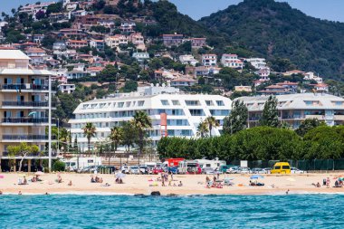 Spain, Catalonia, July 2018. Travel by boat Costa Brava: Calella, Pineda, Santa Susanna. Malgrat de Mar, Blanes, Santa Cristina, Lloret de Mar, Tossa.