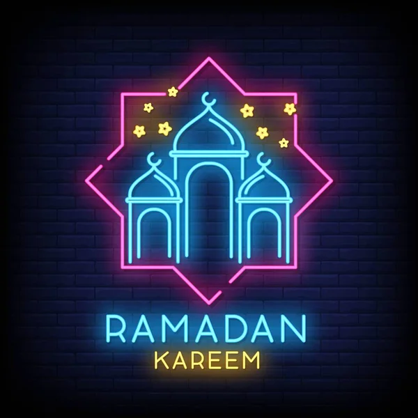 Ramadan Kareem Néon Signe Vecteur Avec Lettrage Croissant Lune Étoile — Image vectorielle