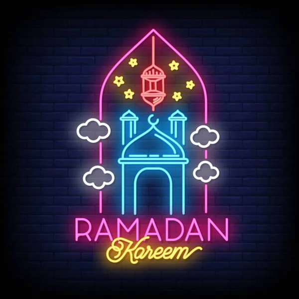 Ramadan Kareem Néon Signe Vecteur Avec Lettrage Croissant Lune Étoile — Image vectorielle