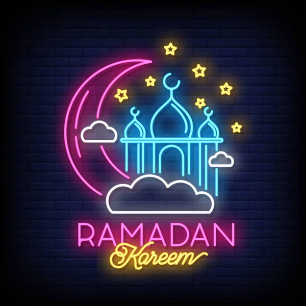 Ramadan Kareem Néon Signe Vecteur Avec Lettrage Croissant Lune Étoile — Image vectorielle