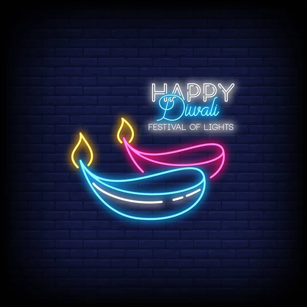 Neon Happy Diwali Lettering Dark Brick Wall Background — Stock Vector