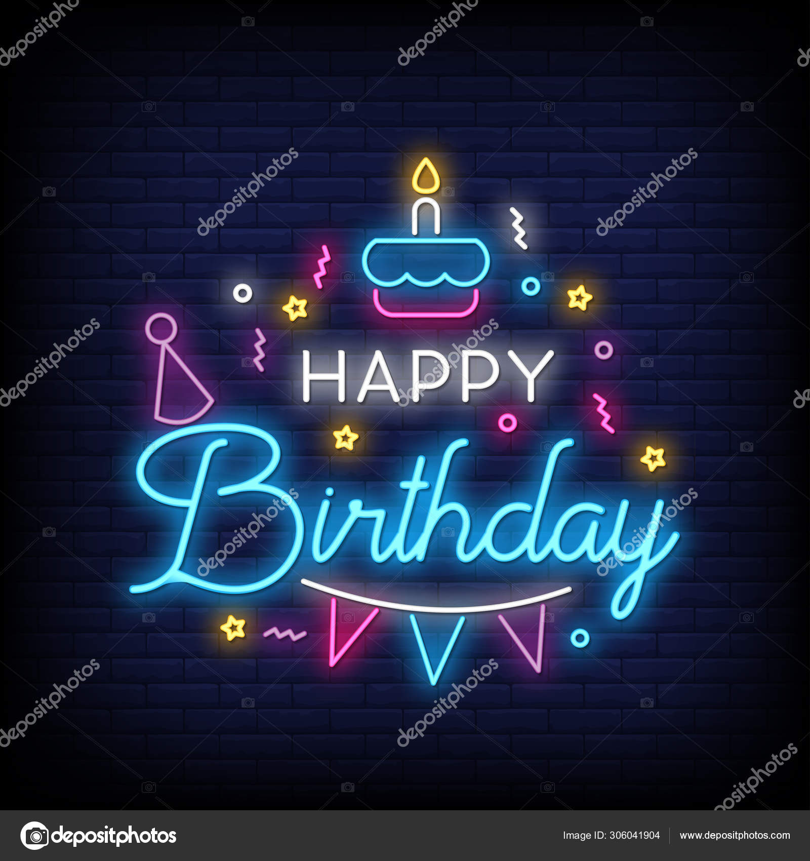 レンガの壁の背景にハッピーバースデーレタリングとネオン看板 ストックベクター C Bohlam