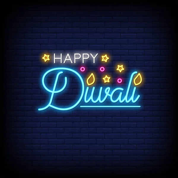 Stylish Neon Signboard Happy Diwali Lettering Brick Wall Background — Stock Vector