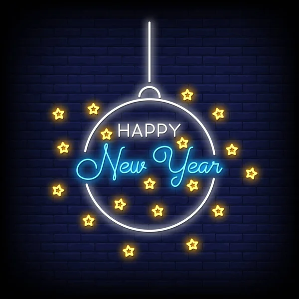霓虹灯招牌与新年快乐字母对砖墙背景 — 图库矢量图片
