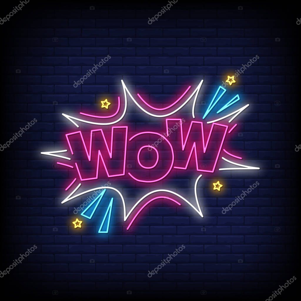 Wow for poster in neon style. Wow neon signs. greeting card, invitation card, light banner, posters, flyer