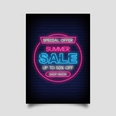 Yaz Satılık neon tarzı poster için% 50 indirim. Satış neon işaretleri. tebrik kartı, davet kartı, ışık afiş, posterler, el ilanı 