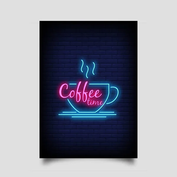 ネオンスタイルのポスターのためのコーヒータイムフレーズ インスピレーション引用符 ネオンサイン 招待状 ライトバナー — ストックベクタ