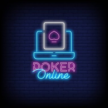 Online casino Bir Tuğla Duvar Arka Plan ile neon işaretidir. Neon tarzı parlak afiş billboard gece parlak neon poker kumar casino Play para online Logo sembolü. Vektör