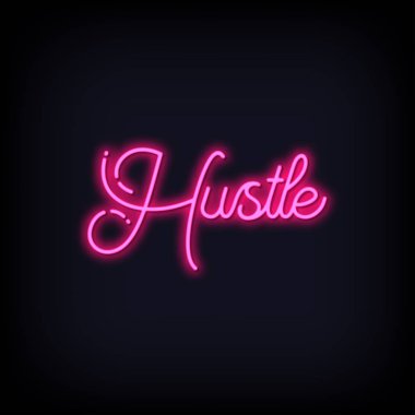 Pembe Neon Işık İlham Verici Motivasyonel Kelime Hustle. Hustle Yazı Metin Neon İşaret. Vektör 