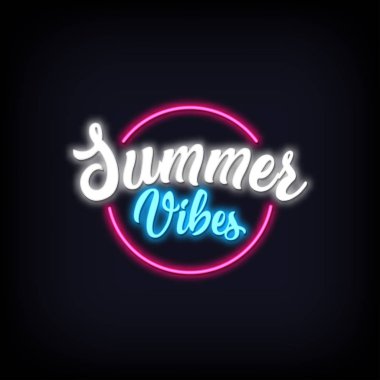 Yaz Vibes Neon yazı. Yaz Vibes parlayan başlık parlak neon cursive metin. Web afişi ve poster için başlık şablonu. Vektör - Vektör
