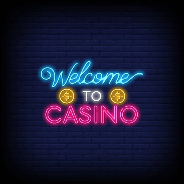 Casino Welkom Logo Neon Stijl Met Een Bakstenen Muur Achtergrond — Stockvector