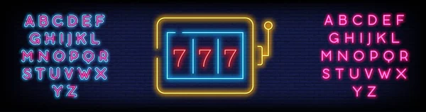 ネオンゲーミングスロットマシン777 ネオンサインデザイン ベクトルゲーム機 ベクトルイラストレーション テキストネオンの編集 — ストックベクタ