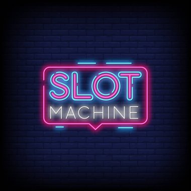 Slot Makinesi Neon Metin Vektörü ve Tuğla Duvar Arkaplanı tasarımı modern moda tasarım gecesi tabela tasarımı parlak reklam ışığı ışık sanatı. Vektör İllüstrasyonu