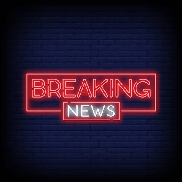 Breaking News Neon Text Vector Brick Wall Background Design Template — Stock Vector