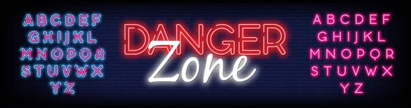 Tuğla Duvar Arkaplan Tasarımı ile Tehlike Bölgesi Neon Metin Vektörü modern moda tasarım gecesi tabelaları parlak reklam ışığı ışık sanatını tasvir ediyor. Vektör İllüstrasyonu
