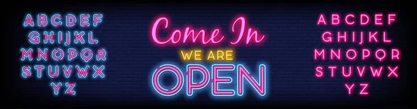 Şimdi Brick Wall ile birlikte açık neon tabela vektörü. Şimdi Açık Tasarım şablonu neon ışıklı pano geceleri parlak reklam lambası yazıları. Vektör çizimi. Metin neon işareti düzenleniyor