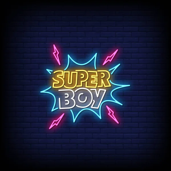 Super Boy Neon Sign Brick Wall Background — стоковый вектор