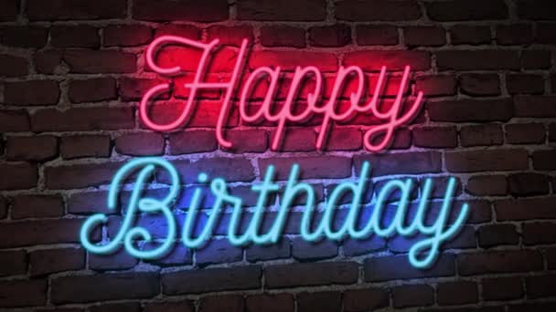 Happy Birthday Neon Sign Lighting Brick Wall Background — стоковое видео