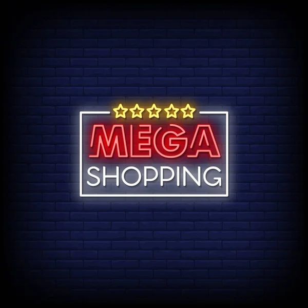 Mega Shopping Lettering Neon Segno Con Cinque Stelle — Vettoriale Stock